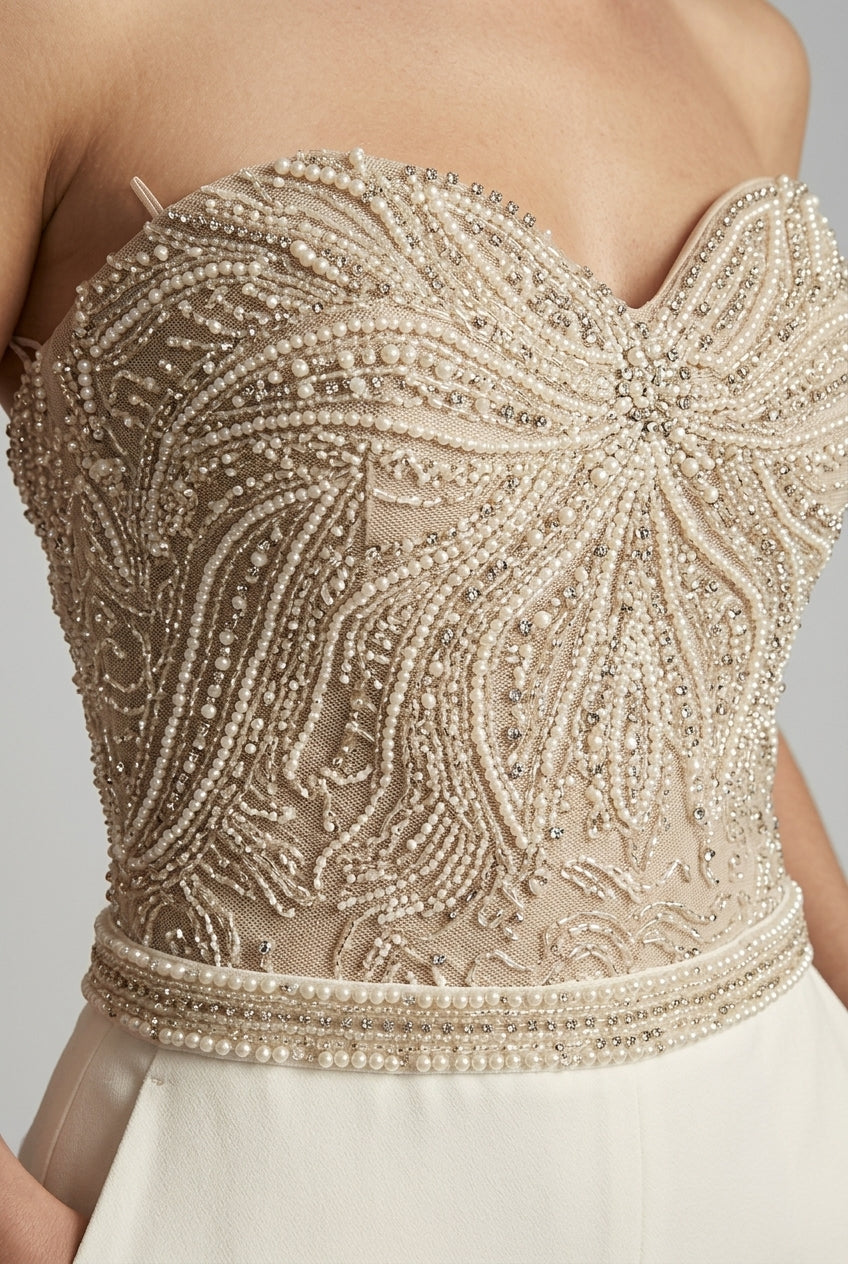 Sophisticated strapless tailored jumpsuit for women, ideal for special occasions & party outfits.