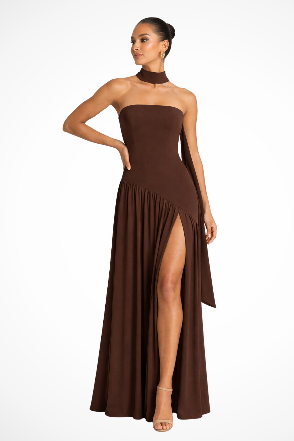 Women's strapless maxi dress with a flattering silhouette and elegant side slit, perfect for formal evening wear.