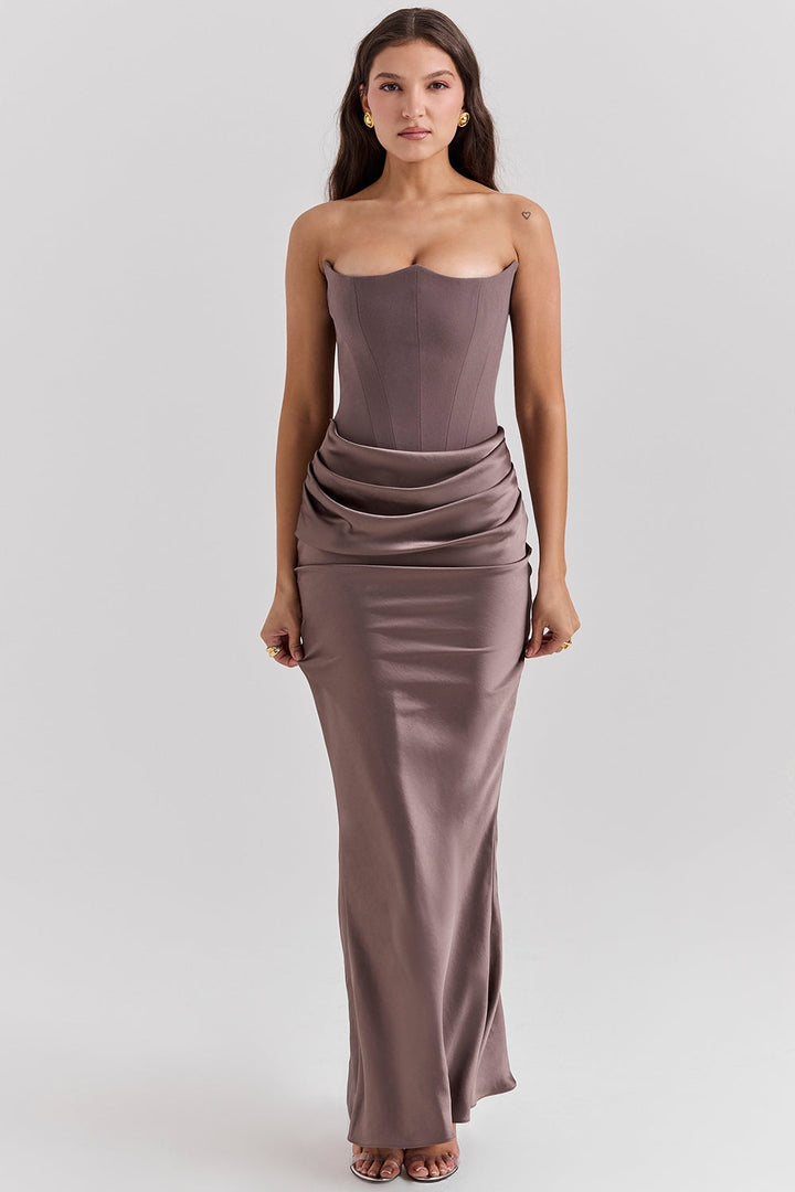 Women's strapless maxi evening gown, an elegant long dress for wedding guests, prom & formal parties.