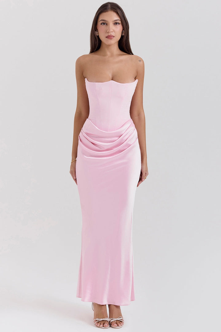 Women's elegant strapless maxi dress, perfect occasion wear for wedding guests, prom & evening events.