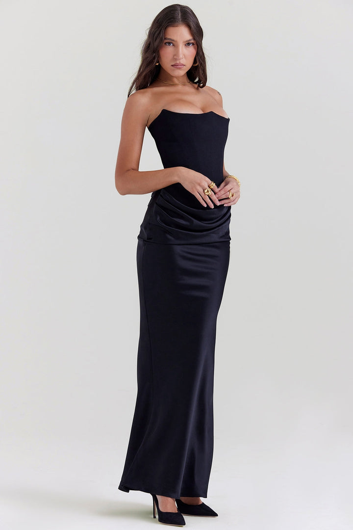 Stylish strapless maxi dress for women, ideal as a wedding guest dress, prom or evening gown.
