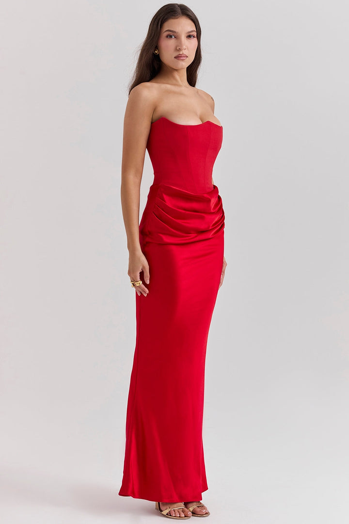 Formal women's strapless maxi dress, elegant evening gown for wedding guests, parties & occasions.