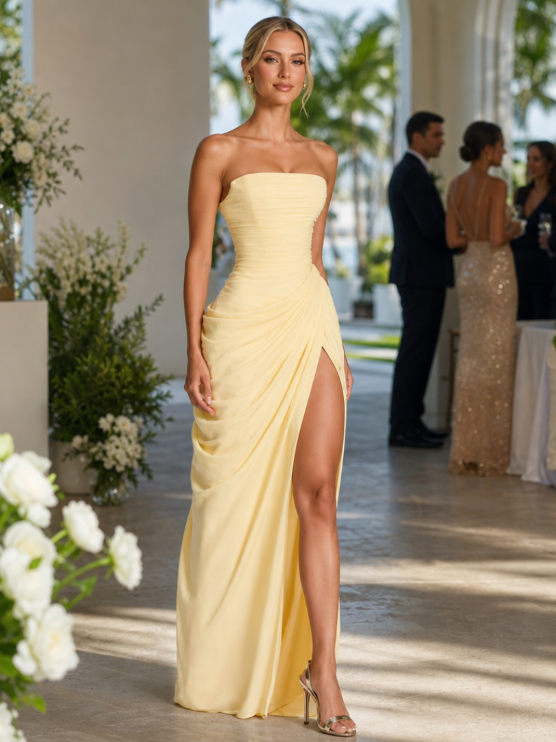 Elegant women's strapless maxi dress with a high side slit, perfect for evening or special occasions.