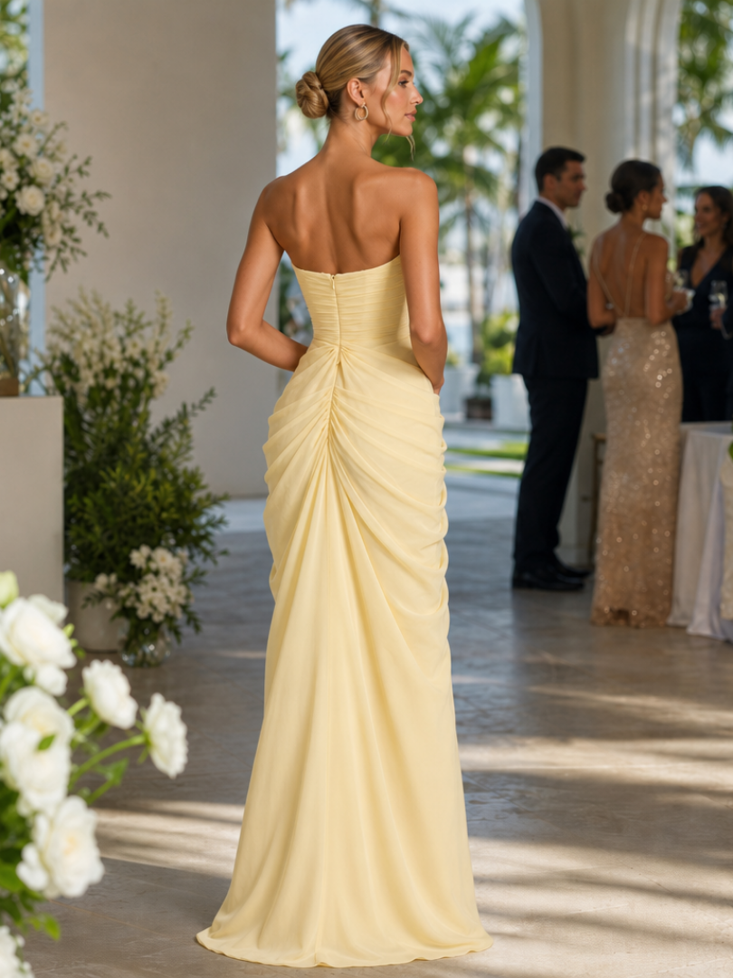 Flowing draped strapless maxi dress for women, featuring a stylish high side slit for summer events.