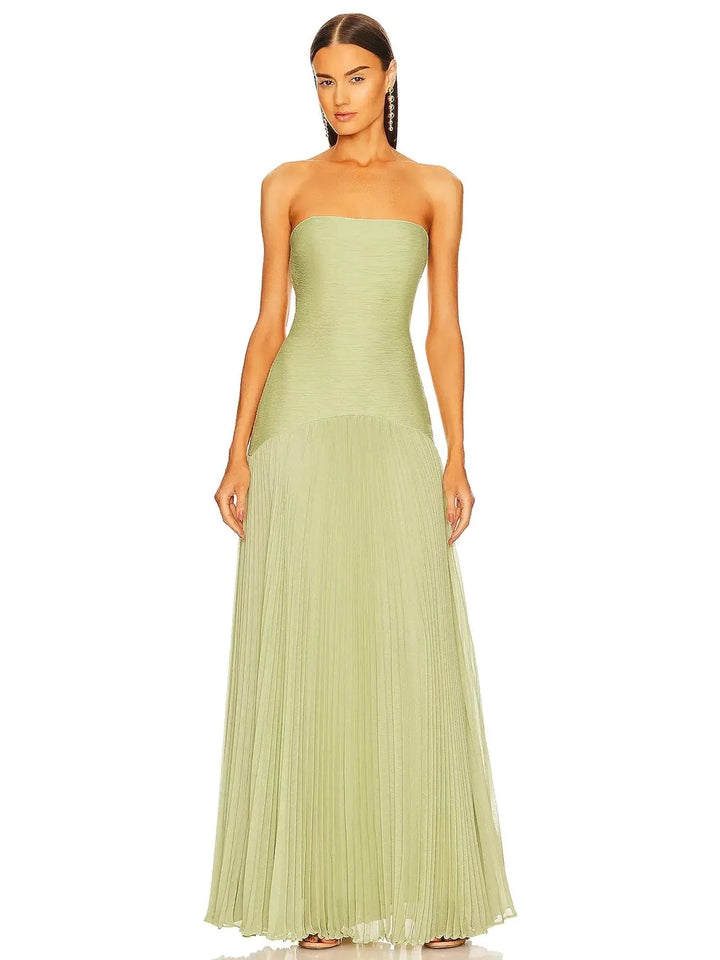 Elegant women's strapless maxi evening dress with a flowing pleated skirt, perfect for formal occasions & parties.