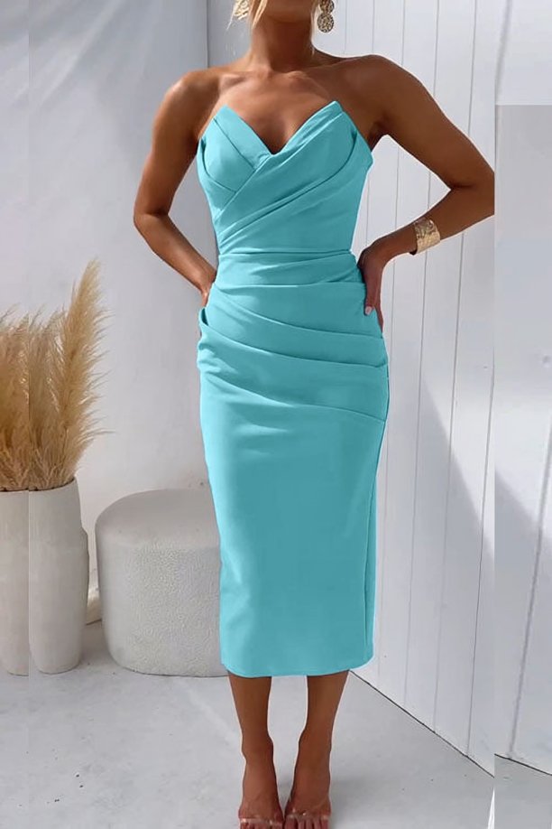 Draped sweetheart strapless midi dress for women, a sophisticated choice for formal events & evening parties.