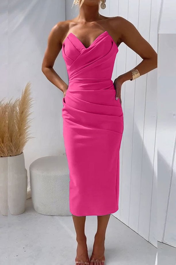 Women's elegant strapless midi dress, perfect as a cocktail or evening gown with a draped sweetheart design.