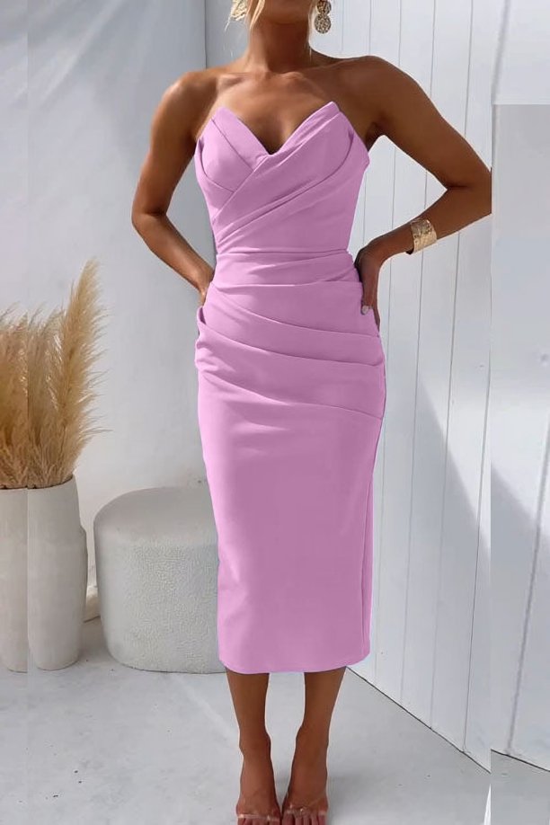 Sleeveless draped sweetheart strapless midi dress for women, versatile for formal, party, or evening wear.