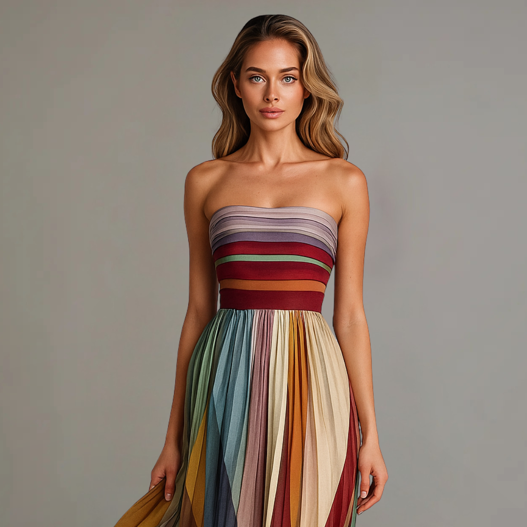 Chic women's strapless maxi dress with delicate pleats, ideal as an evening gown or party dress.