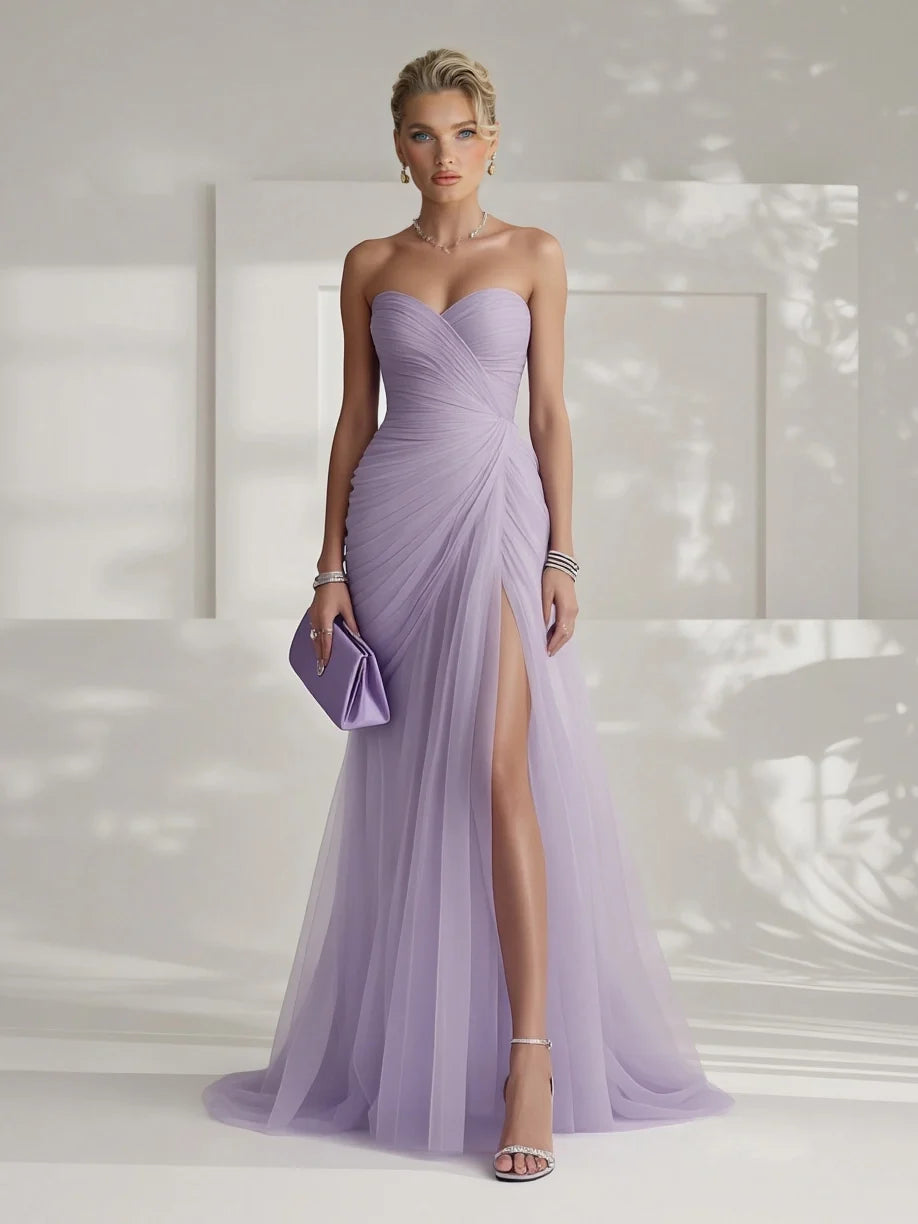 Sophisticated women's strapless pleated long dress. A versatile elegant maxi for formal parties & evening events.