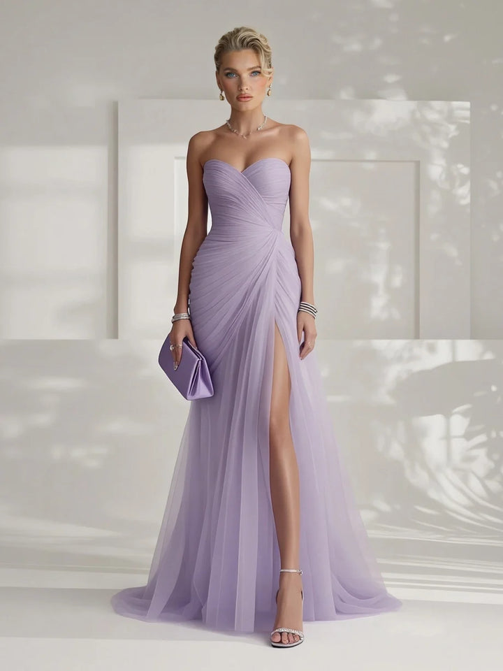 Sophisticated women's strapless pleated long dress. A versatile elegant maxi for formal parties & evening events.