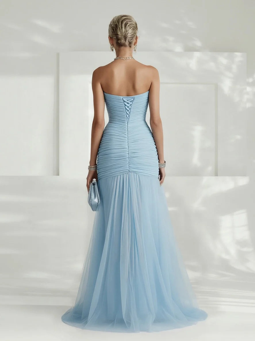 Simple yet elegant women's strapless maxi dress with pleats. Ideal formal evening wear for any special event.