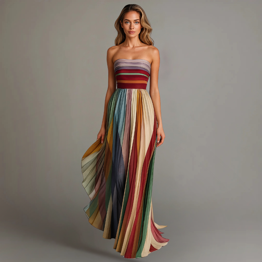 Flowy strapless maxi dress with pleats for women, ideal as a summer garden party or elegant occasion wear.