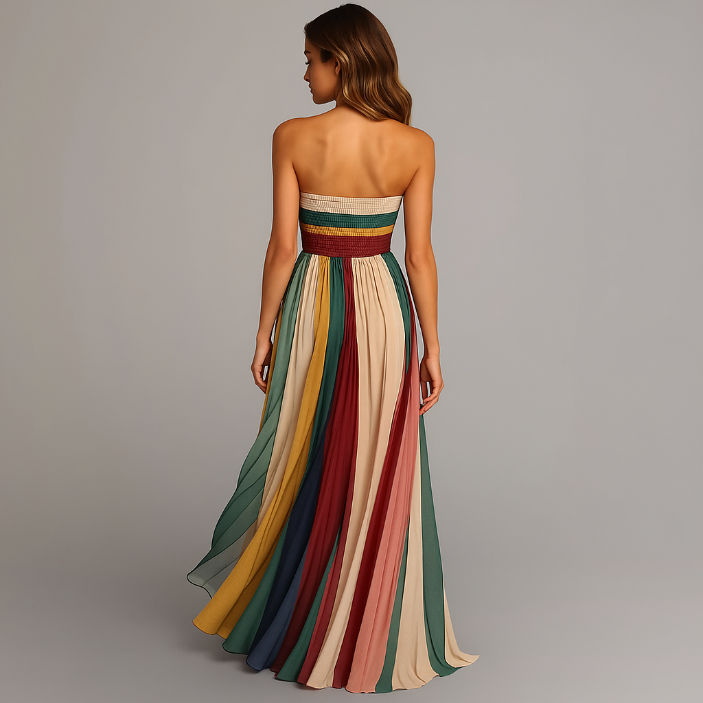 Women's elegant strapless pleated ankle-length maxi dress, stunning for summer garden parties & special events.