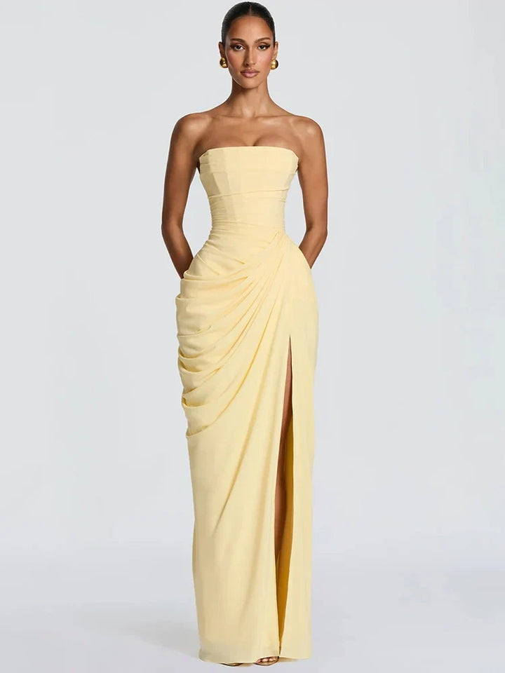 Chic ladies' strapless maxi dress. Ruched bodice, high slit. Ideal for evening parties & formal occasions.