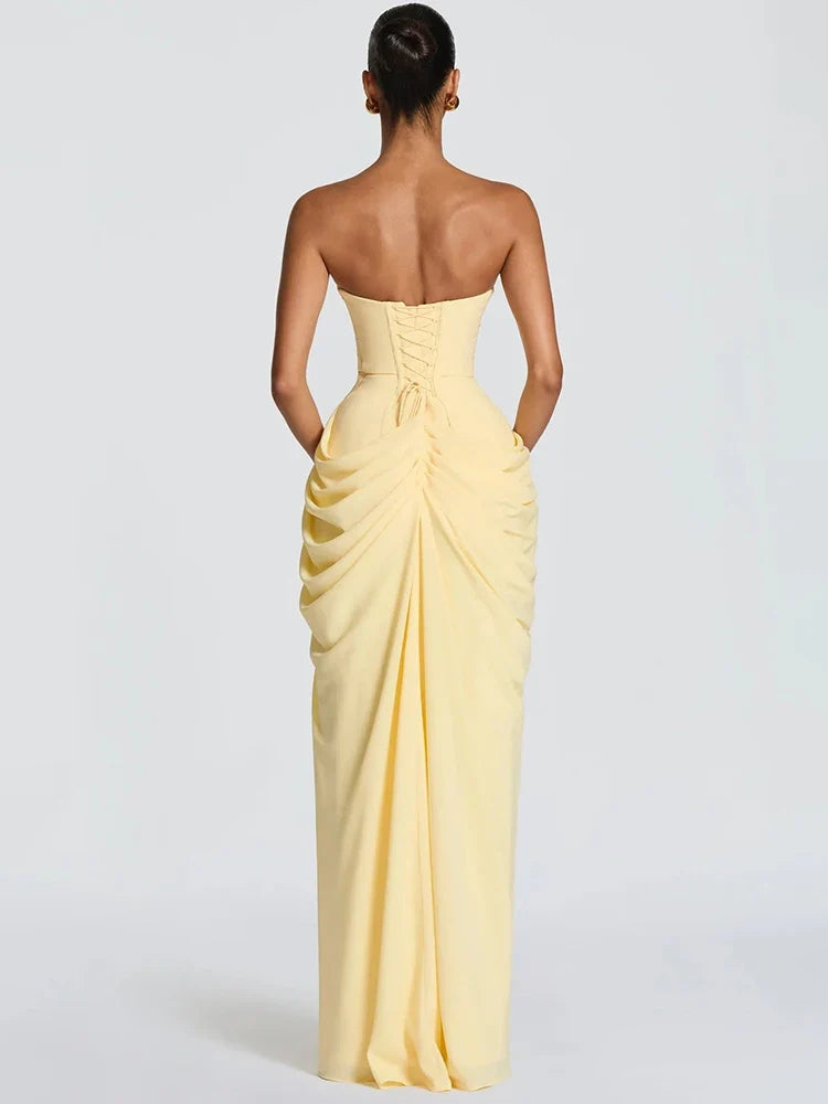 Fashionable women's strapless high-slit maxi dress. Ruched design for elegant summer & autumn occasion wear.