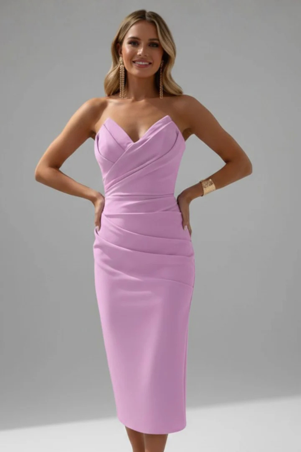 Versatile women's elegant strapless ruched midi dress, ideal for formal, cocktail, and evening events.