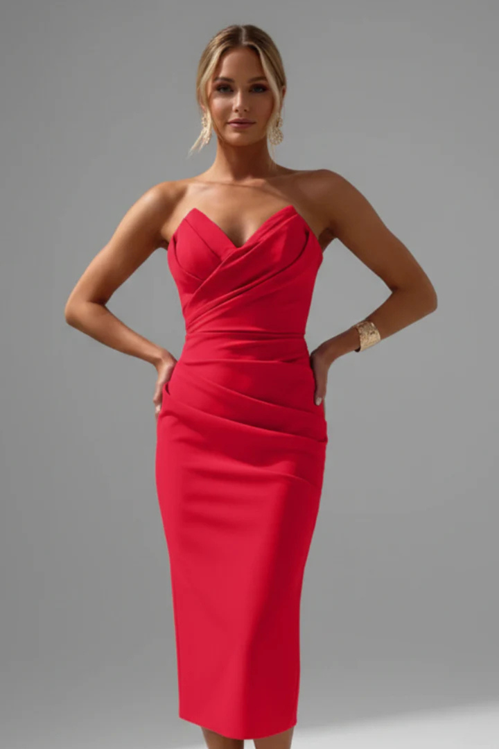 Back view of an elegant women's strapless ruched sweetheart midi dress, ideal for any occasion.