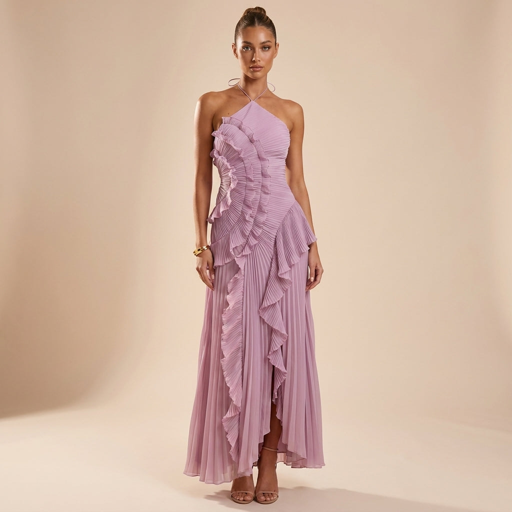 Elegant women's strapless ruffle maxi dress, perfect for special occasions, wedding guests, or evening wear.
