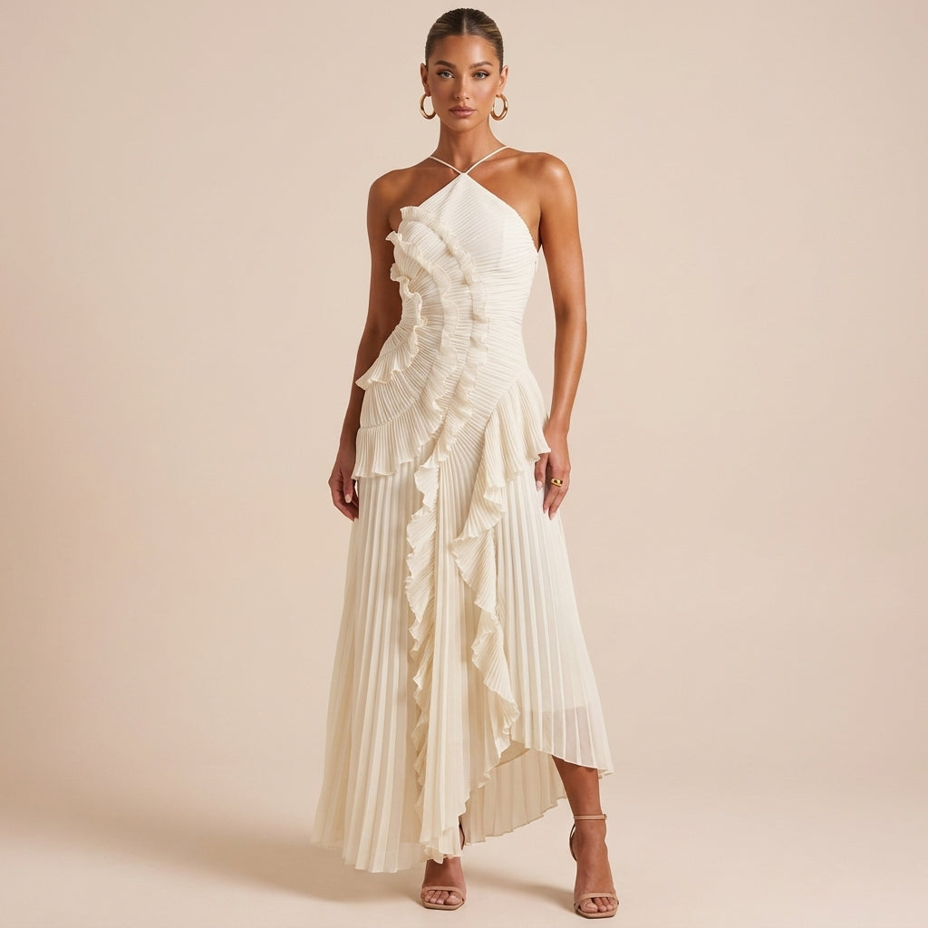 Stylish strapless maxi dress with flowing ruffles and layered design, ideal for summer parties and formal events.