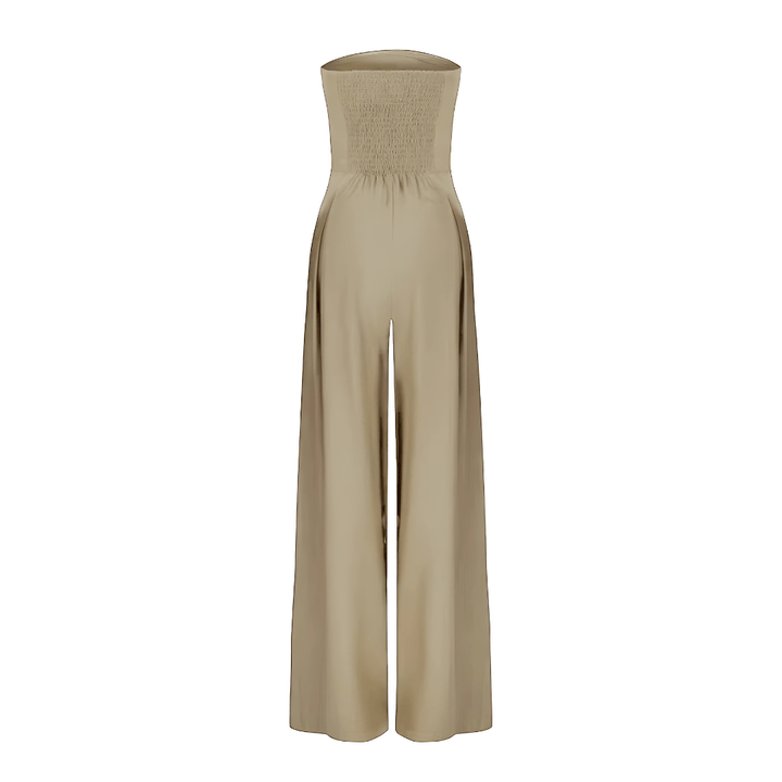 Chic women's strapless high-waist wide-leg jumpsuit, ideal for casual or formal autumn fashion.