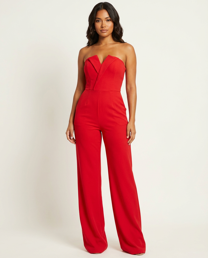 Elegant women's strapless wide-leg jumpsuit, perfect for evening wear & formal occasions. Chic party outfit.