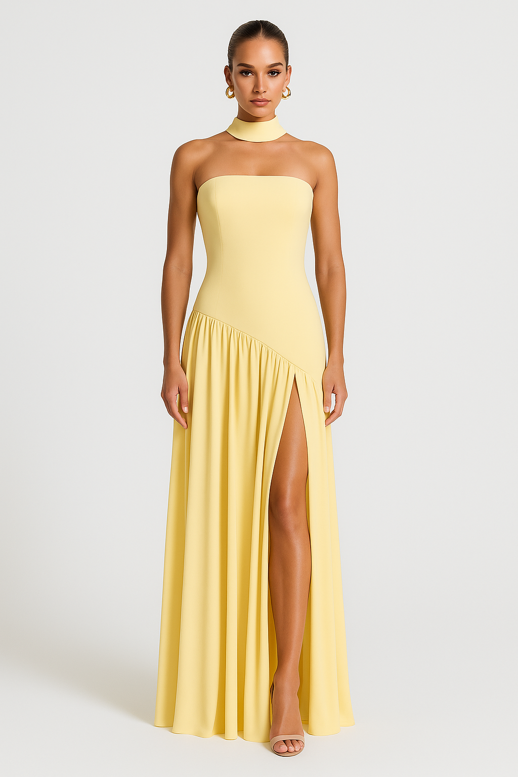 Elegant women's strapless yellow maxi dress with a high slit, perfect for evening parties & formal occasions.