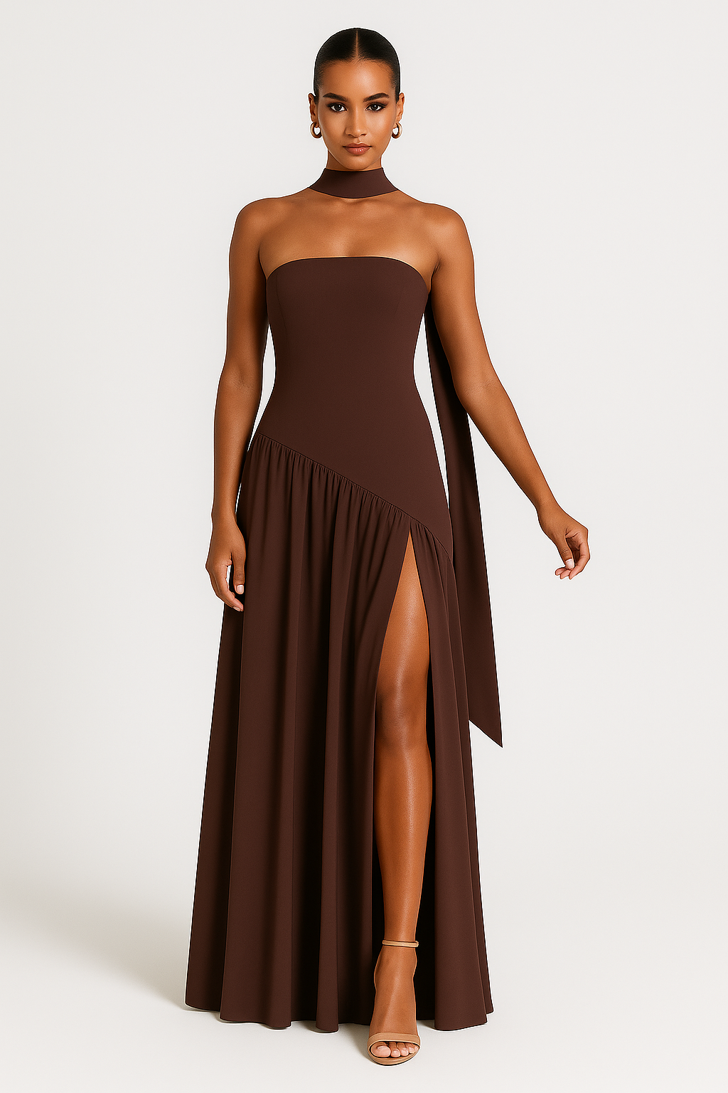 Stylish brown strapless maxi dress for women, featuring a high slit; ideal as a party or special occasion gown.