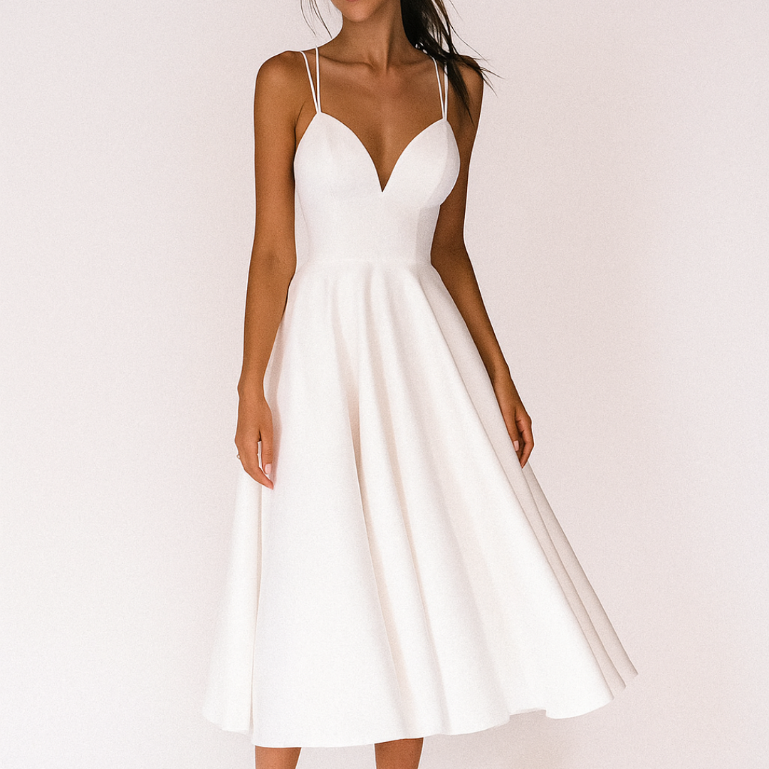 Elegant women's strappy midi dress, perfect for a wedding guest or formal evening event. Sophisticated special occasion wear.