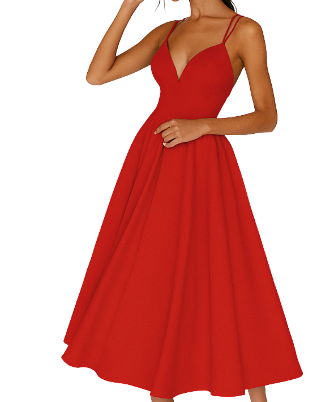 Chic women's midi dress with delicate straps, ideal for cocktail parties, evening events, or wedding guests. Formal & stylish.