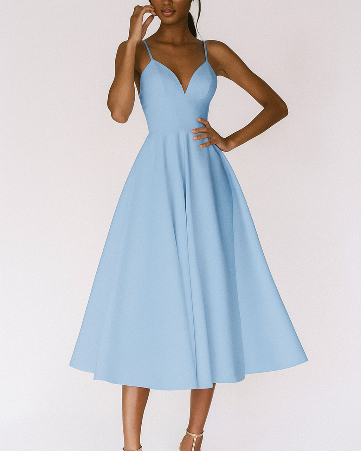 Stylish women's midi wedding guest dress with elegant straps. A chic choice for formal parties & special evening occasions.