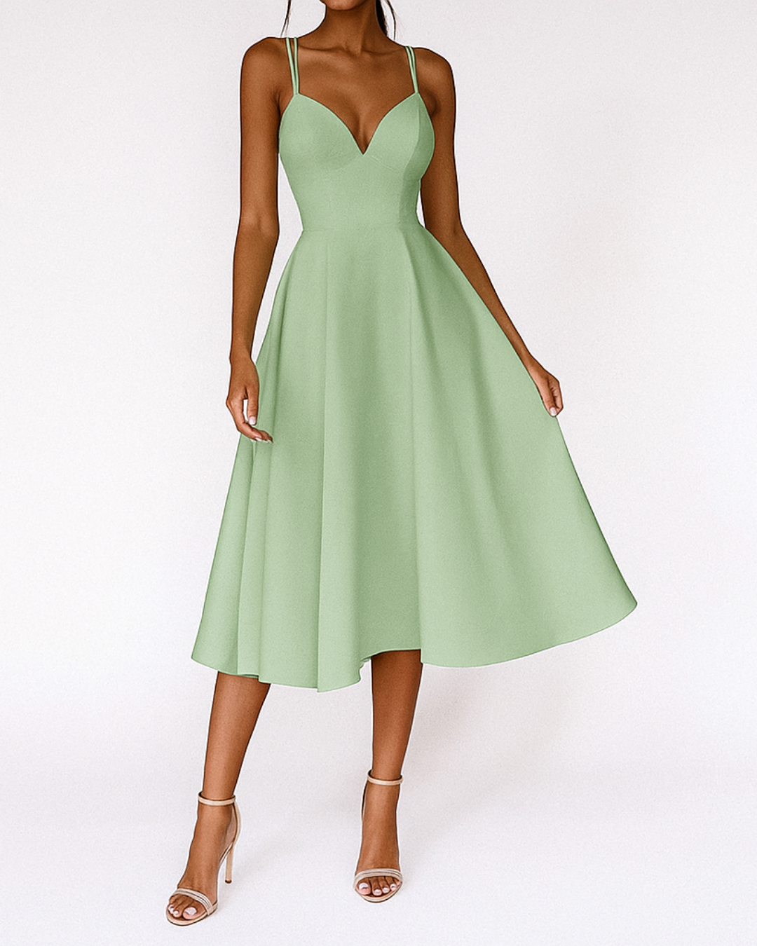 Elegant strappy midi dress for women, perfect for evening parties, cocktail events, or as a formal wedding guest outfit.