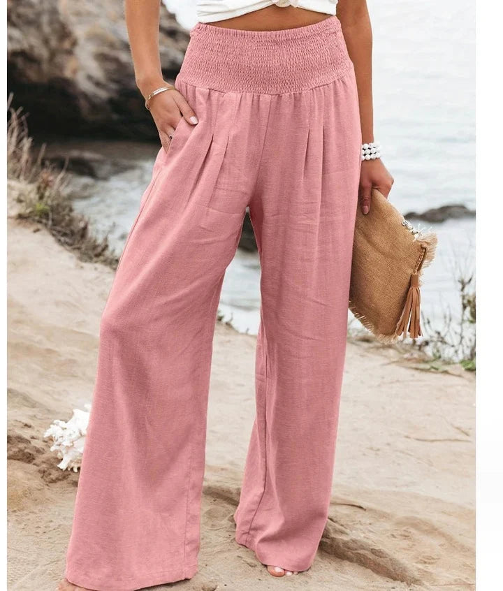 Confident women's palazzo pants, stretchy, flowy, and elegant; perfect for a comfortable & stylish spring day.
