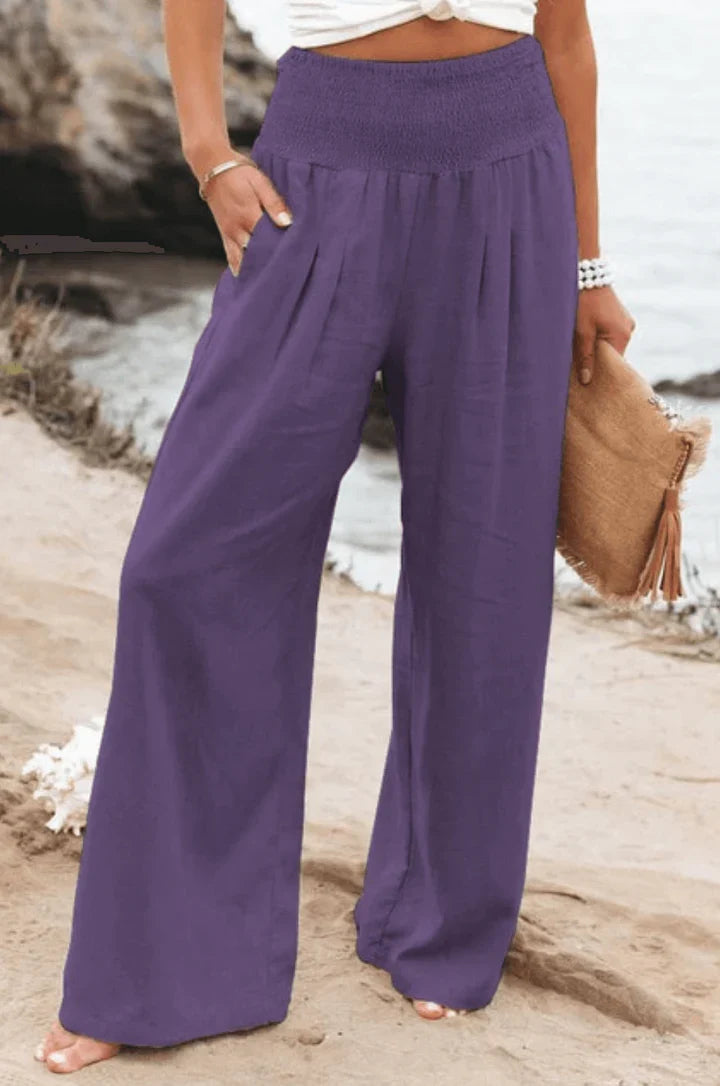 Comfortable stretchy palazzo pants for women, perfect for travel or all-day wear with a flowy wide leg.