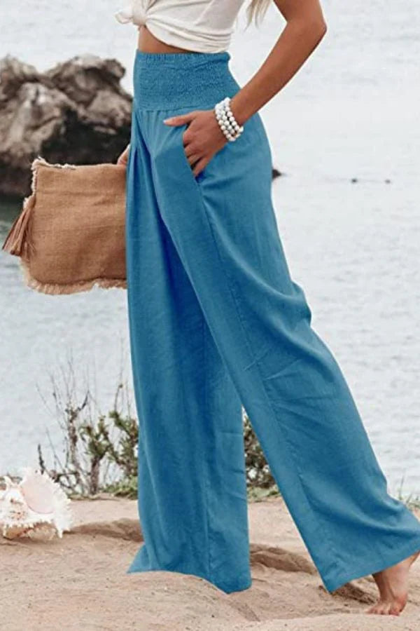 Lightweight travel palazzo pants for women, stretchy, comfortable, and elegant for effortless style on the go.