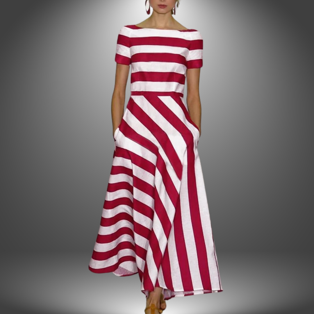 Elegant women's striped A-line maxi dress in pink, perfect for versatile summer fashion & evening wear.