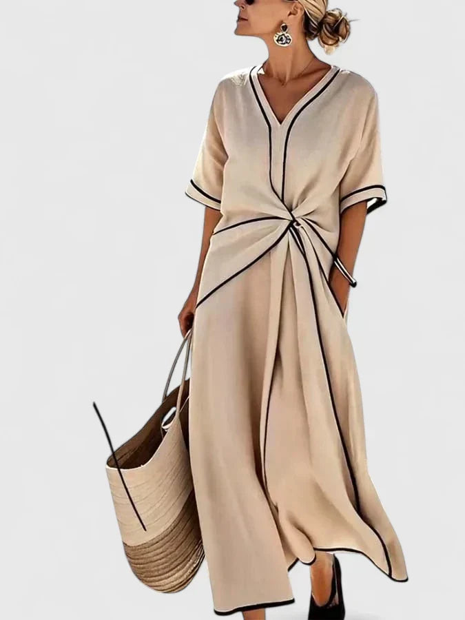 Elegant women's striped midi dress in blue & beige. Perfect summer dress for casual wear or vacation, comfortable & flattering.