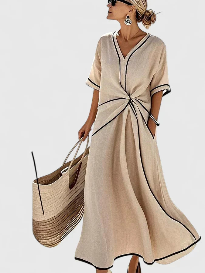 Women's flattering striped midi dress for summer. Elegant blue & beige design, perfect for vacation or comfortable daily wear.