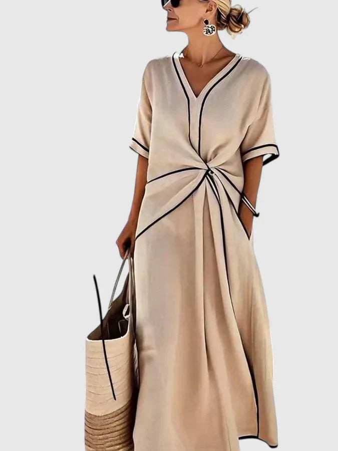 Breathable women's elegant blue & beige striped midi dress. Flattering summer style for comfortable casual wear & vacations.