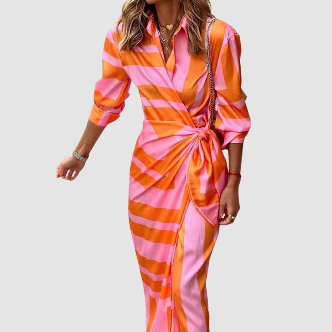 Elegant Women's Striped Midi Dress, perfect for office or casual spring & summer wear. Versatile daily fashion.