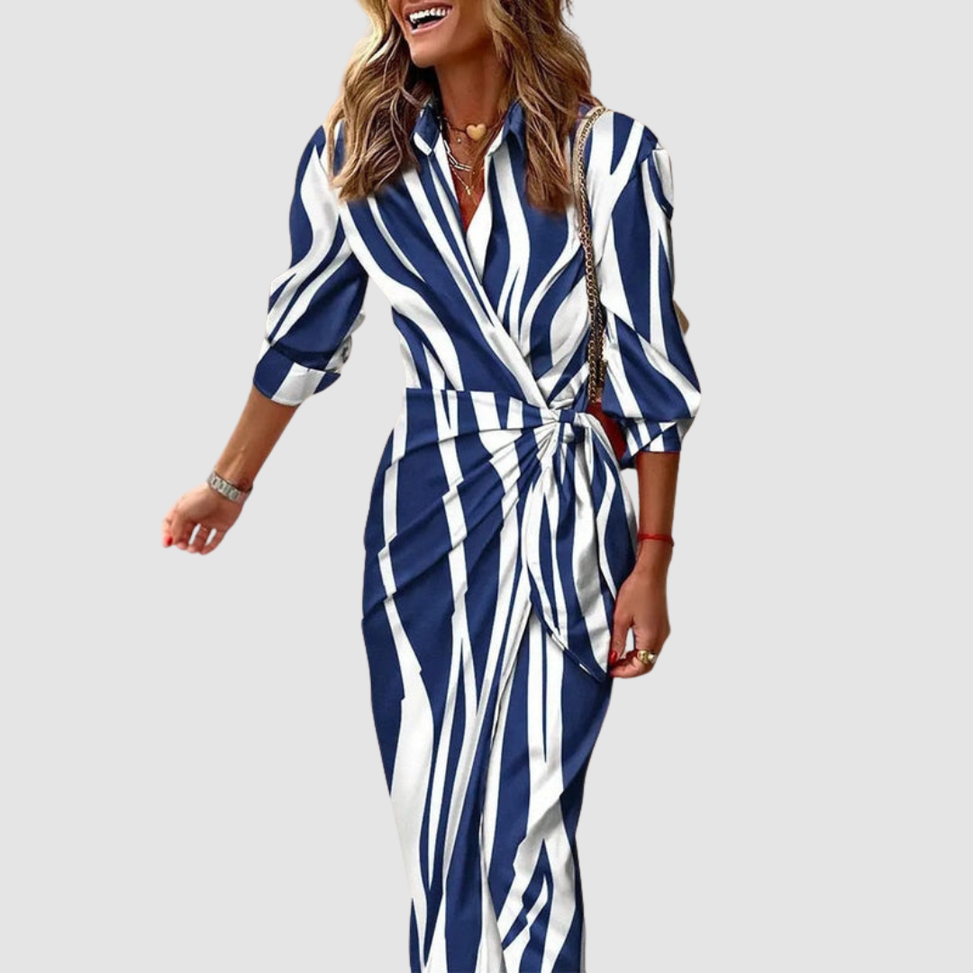 Classic Women's Striped Midi Dress, an elegant and comfortable choice for versatile spring, summer & office wear.