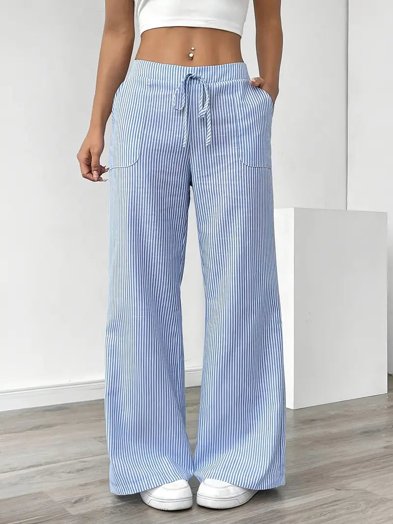 High-waist striped spring fashion pants for women with practical side pockets.