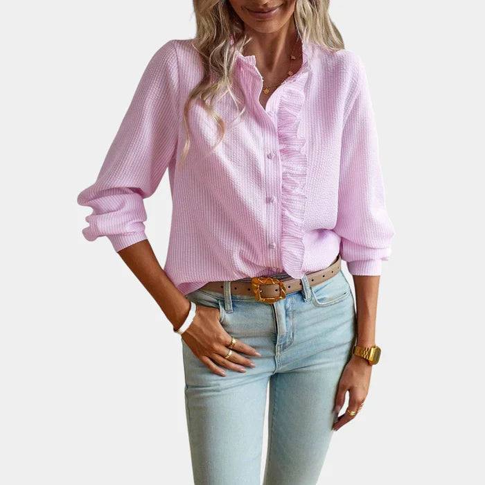 Elegant women's striped ruffle blouse with button-down front, perfect for workwear or chic casual outfits.