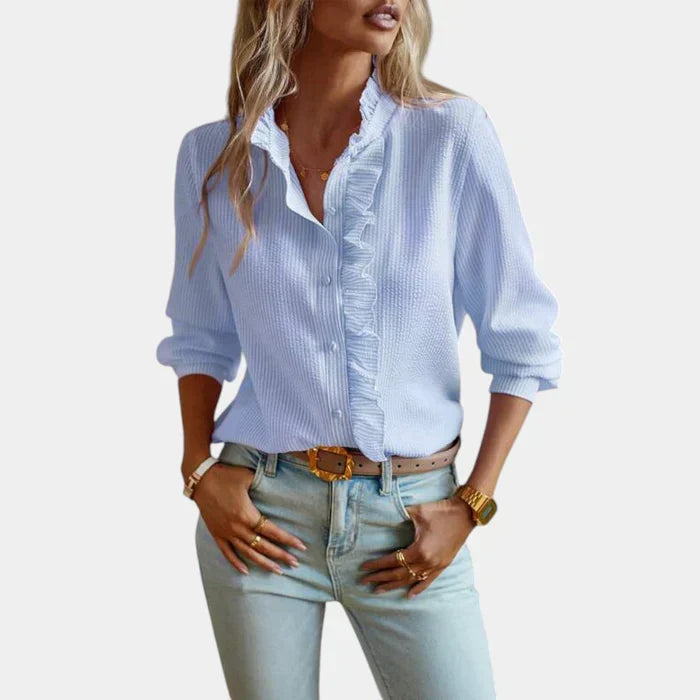 Fashionable ladies striped ruffle shirt, a versatile button-down top perfect for spring and summer.