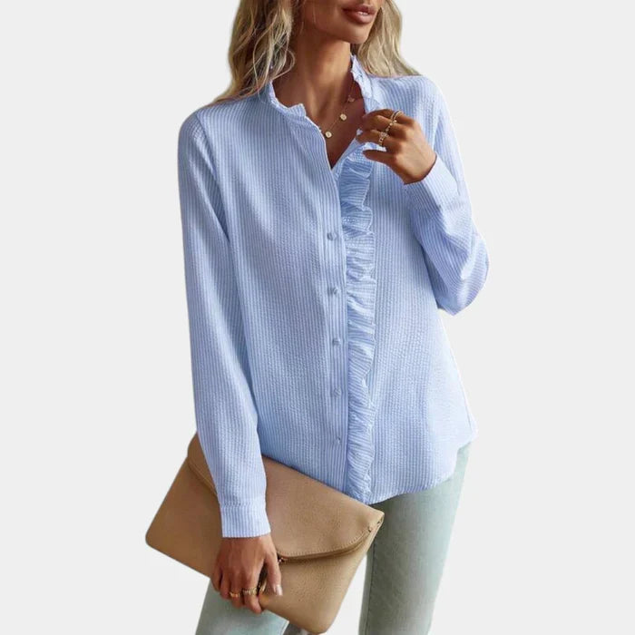 Women's elegant striped long-sleeve blouse displaying ruffle details and a sophisticated button-down front.