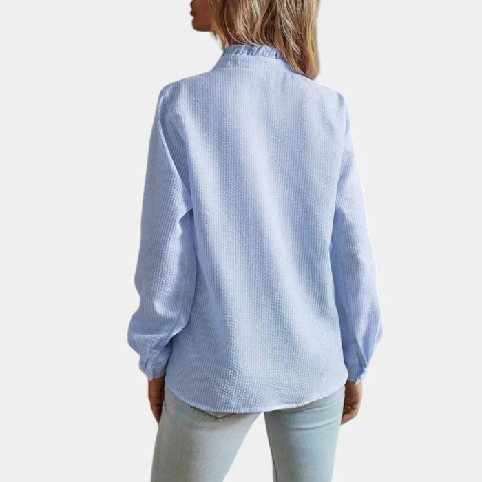 Versatile women's striped ruffle button-down top, a chic long-sleeve blouse for work, casual, or spring fashion.