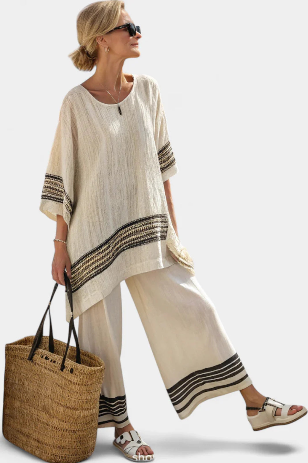 Stylish women's striped pant set, a versatile two-piece outfit with elegant wide-leg pants for any occasion.