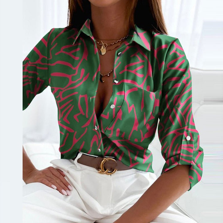Stylish women's versatile collar blouse. Structured button-front top for elegant smart casual & work.