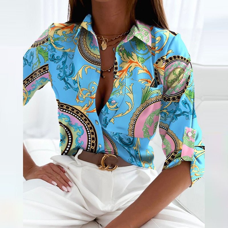 Stylish women's structured button-front blouse. Elegant for work or a smart casual, professional look.