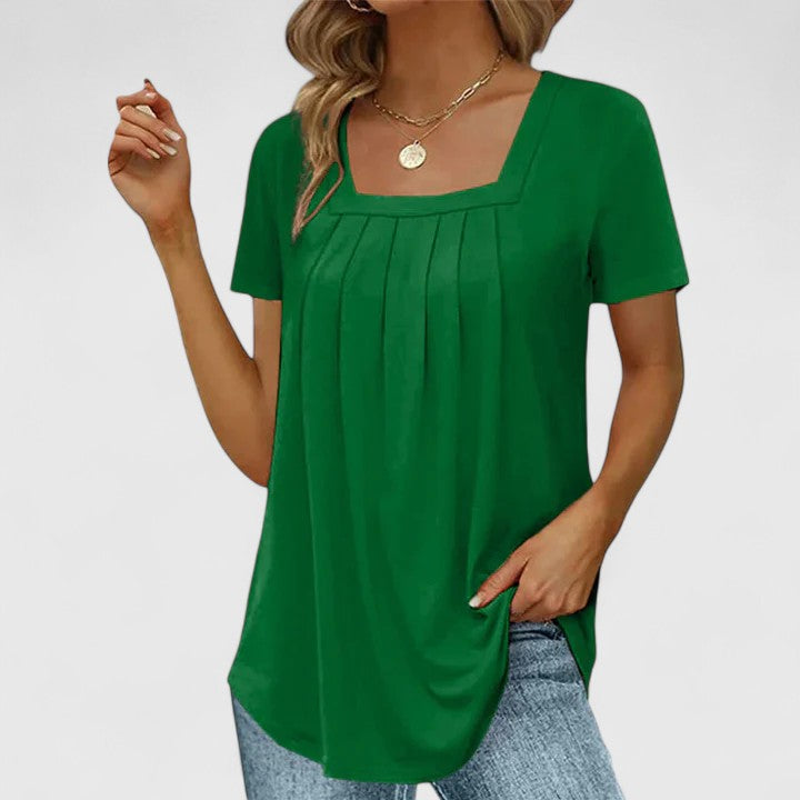 Chic square neck women's blouse. This sophisticated short-sleeve summer top is perfect for elegant casual wear.